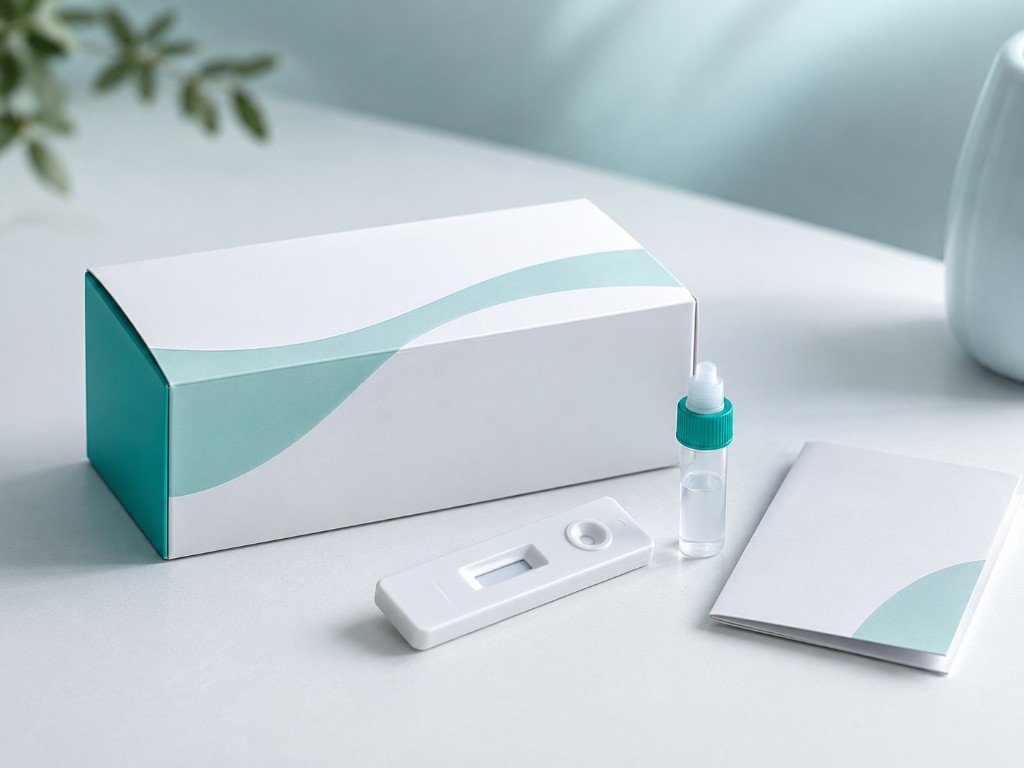 Discreet at-home health test kit with rapid test cassette, sample vial, and instructions