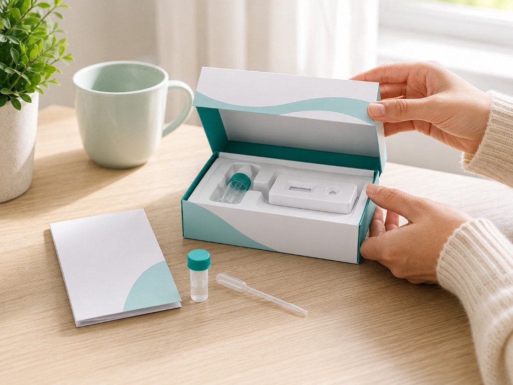 Opening a discreet at-home test kit at home — sample vial, rapid test cassette, and instructions